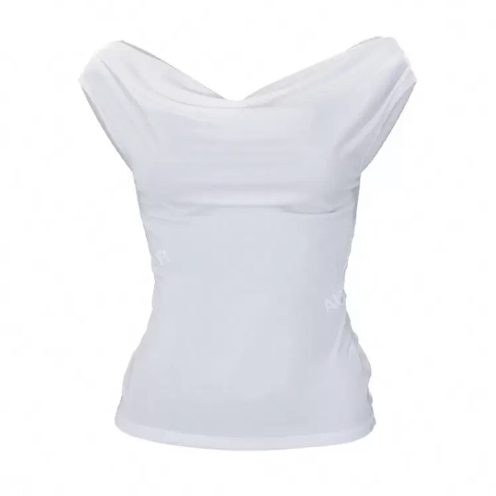Solid Off Shoulder Ruched Tee Elegant White Women's Top
